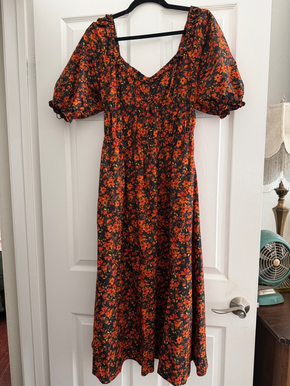 GAP Black Midi Dress with Orange Floral Print and Puff Sleeves